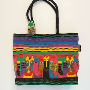 Laurel Burch Tote Bag Cats Canvas Coated Interior Vibrant Zipper Large Retired